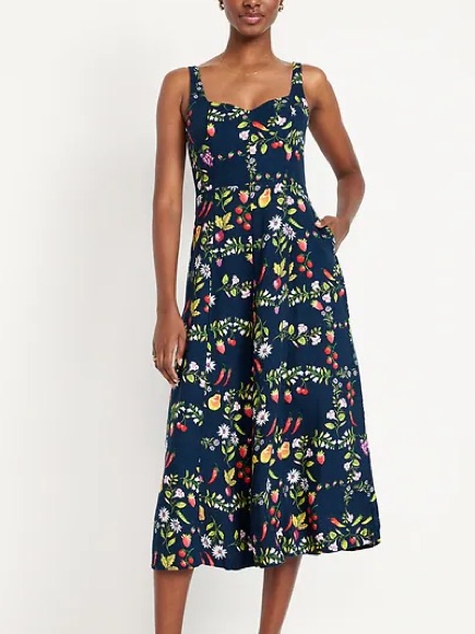 Old Navy Fruits Veggies Midi Dress Linen Fit & Flare Navy Sleeveless Pockets